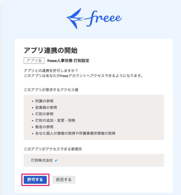 「アプリの連携開始」画面で「許可する」を指し示すスクリーンショット