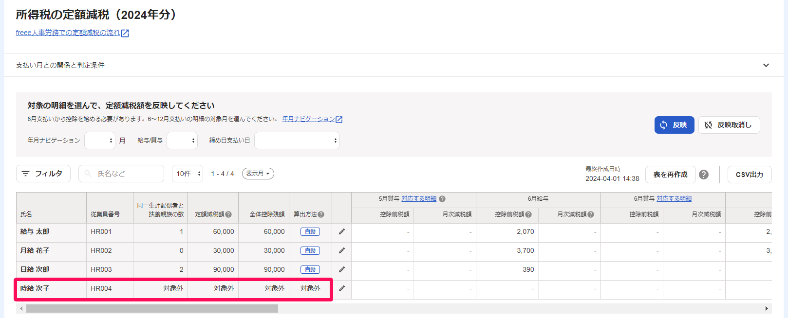 所得税の定額減税画面で対象外の従業員を指し示しているスクリーンショット