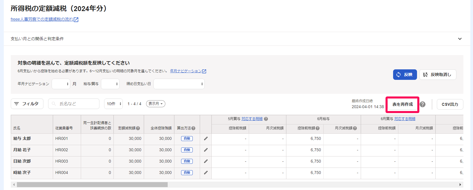 所得税の定額減税画面で［表を再作成］を指し示しているスクリーンショット