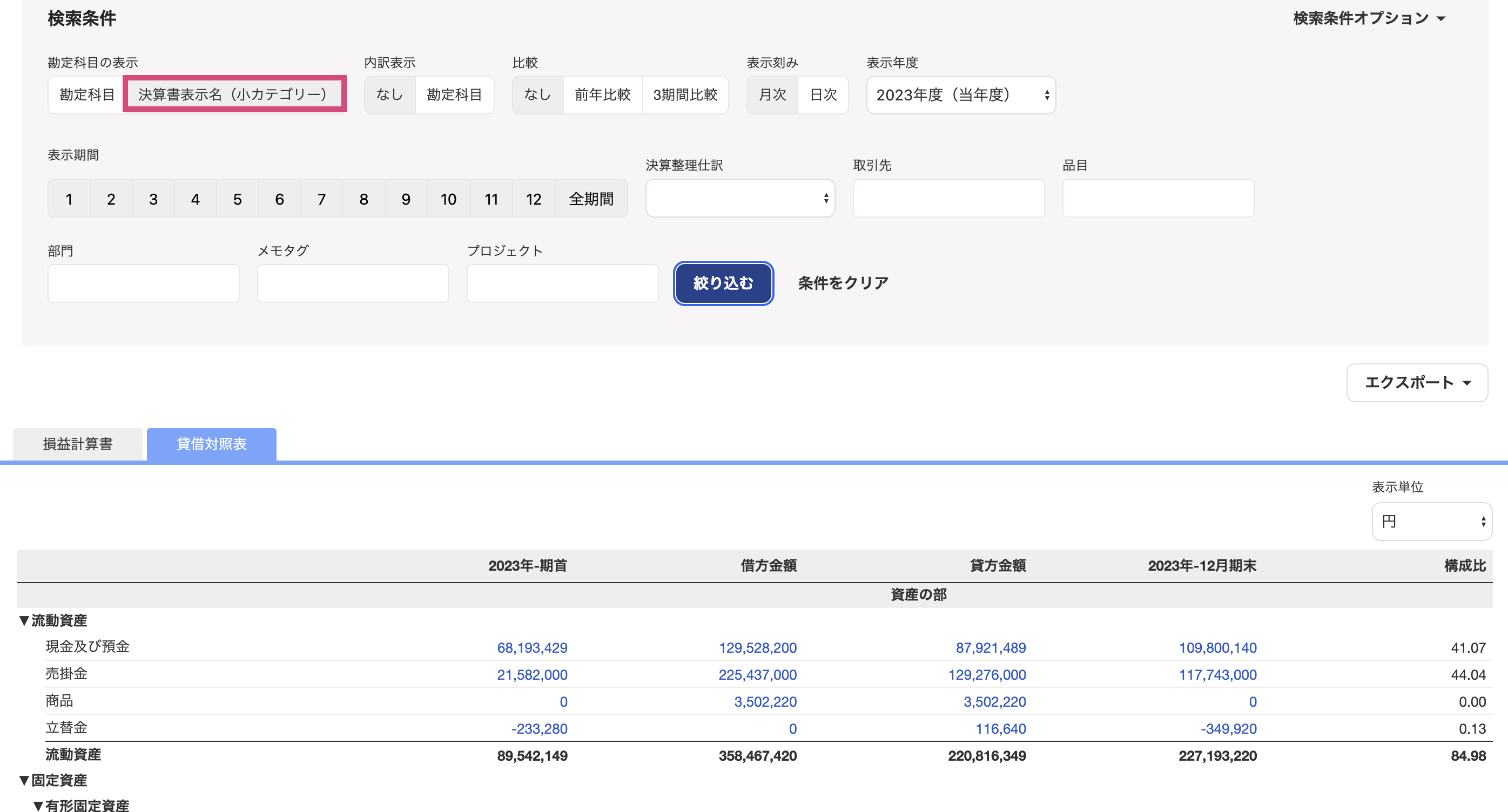 決算書表示名（小カテゴリー）を赤枠で囲っている画面のスクリーンショット