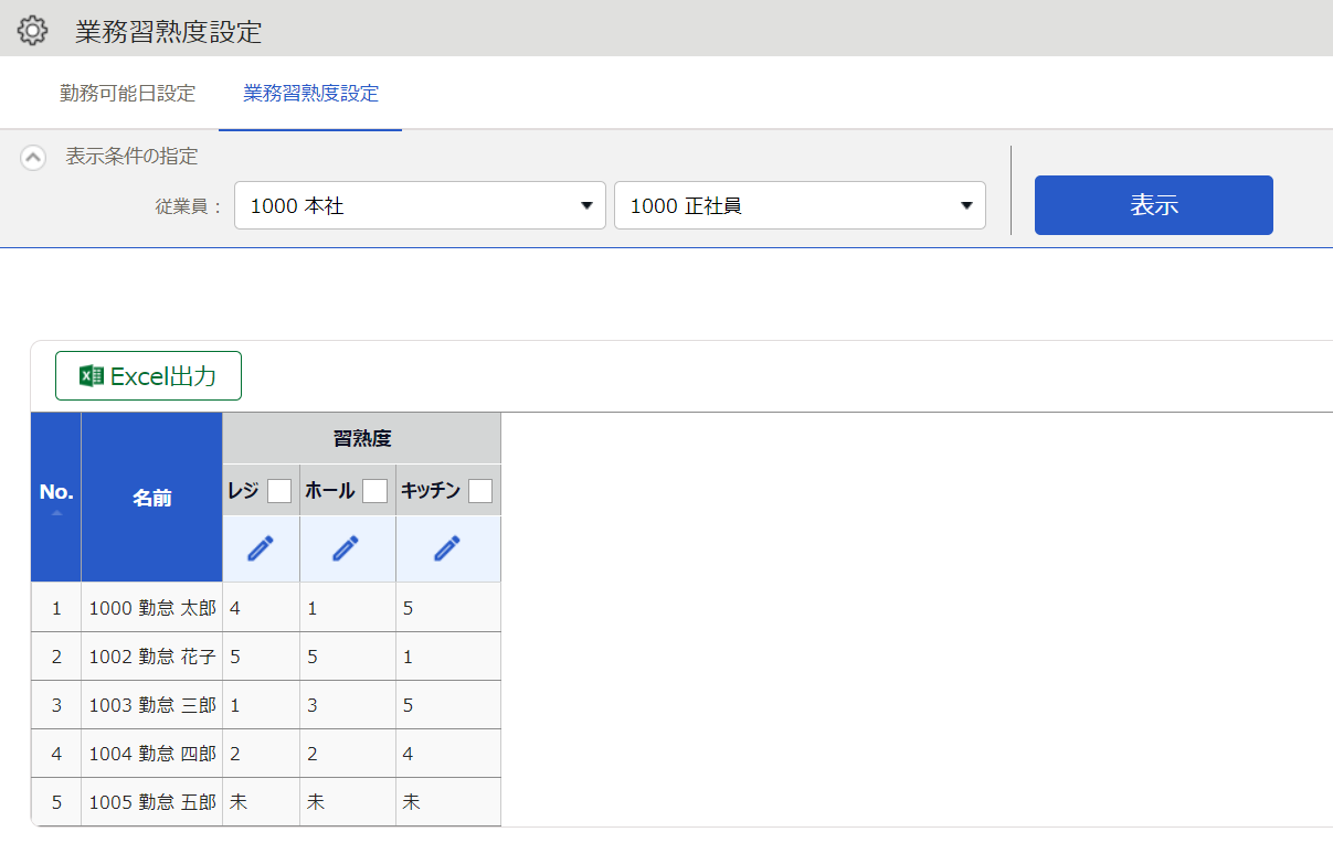 業務習熟度設定画面のスクリーンショット