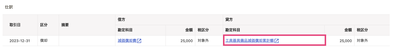 減価償却累計額を指し示すスクリーンショット