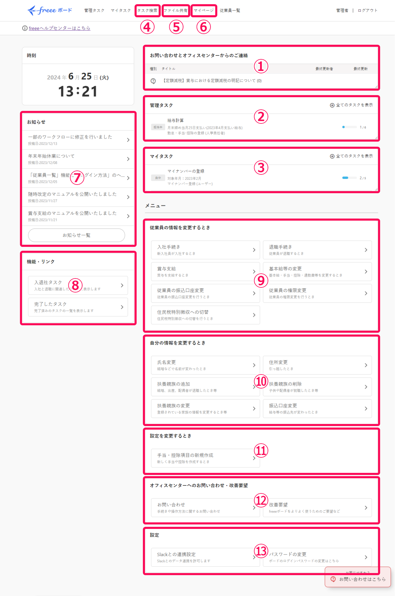 freeeボード画面で各項目を指し示しているスクリーンショット