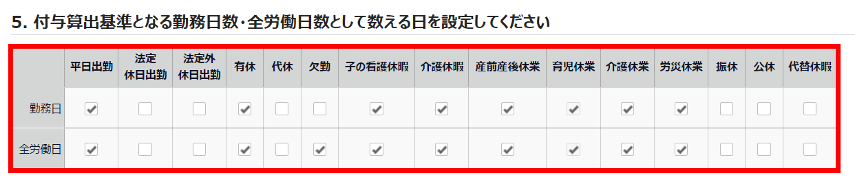 有休付与関連設定画面の「5. 付与算出基準となる勤務日数・全労働日数として数える日を設定してください」部分のスクリーンショット