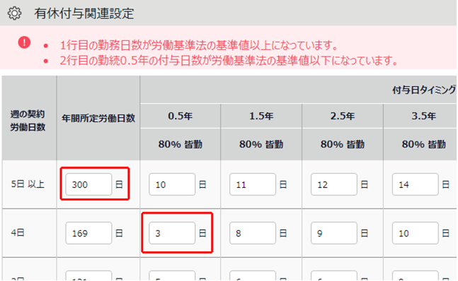 有休付与関連設定画面の「年間所定労働日数」と「比例付与日数」を指し示しているスクリーンショット