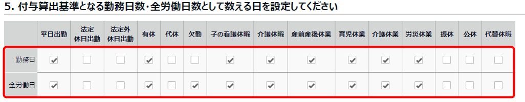 有休付与関連設定画面の「5. 付与算出基準となる勤務日数・全労働日数として数える日を設定してください」部分のスクリーンショット