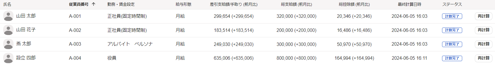 給与明細一覧画面の従業員一覧部分のスクリーンショット