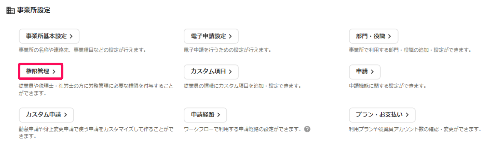 事業所設定の［権限管理］を指し示すスクリーンショット
