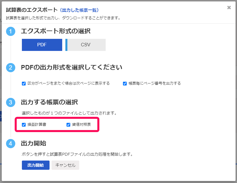 出力する帳票の選択で損益計算書と貸借対照表を赤枠で囲っている画面のスクリーンショット