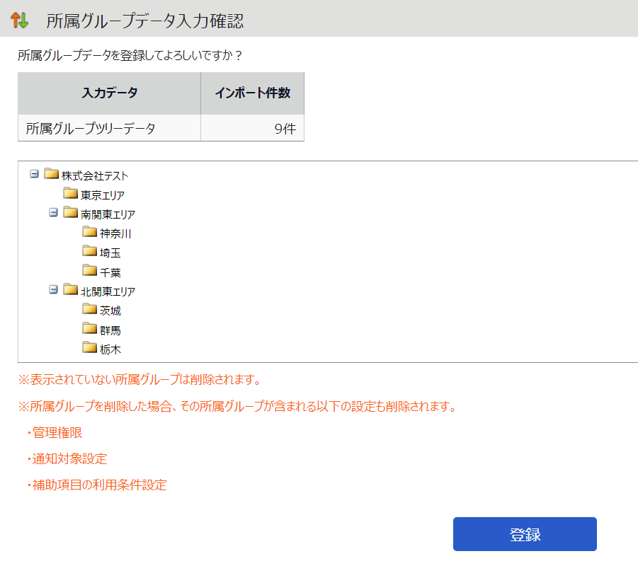 所属グループデータ入力確認画面のスクリーンショット