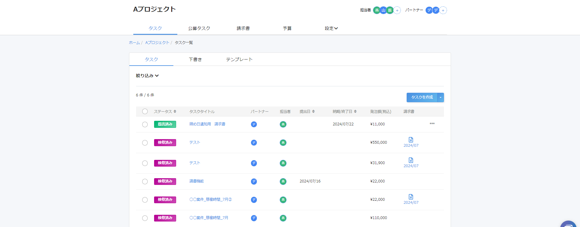 プロジェクト詳細画面のスクリーンショット