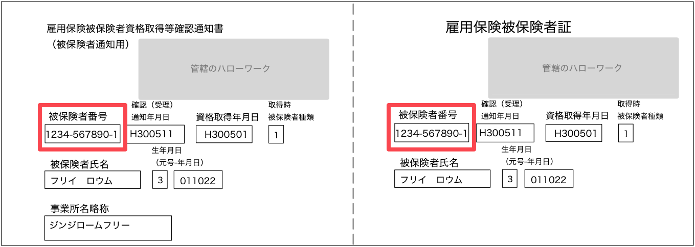 雇用保険被保険者資格取得等確認通知書と雇用保険被保険者証画像の被保険者番号を指し示しているスクリーンショット