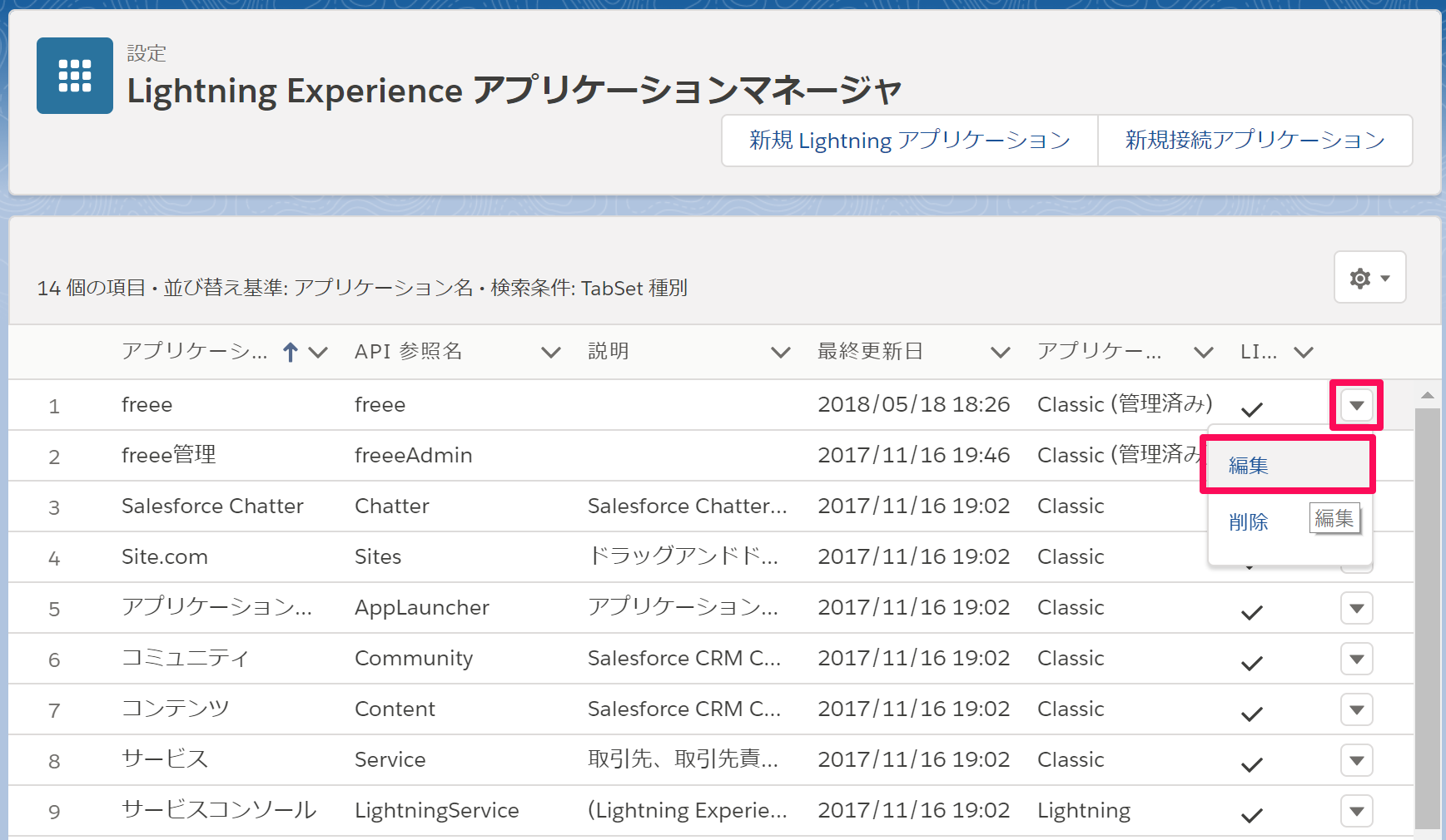 ［アプリケーションマネージャ］で「freee」アプリケーションの編集を行う画面のスクリーンショット