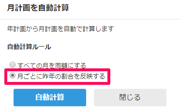 月計画を自動計算画面の「月ごとに昨年の割合を反映する」を指し示しているスクリーンショット