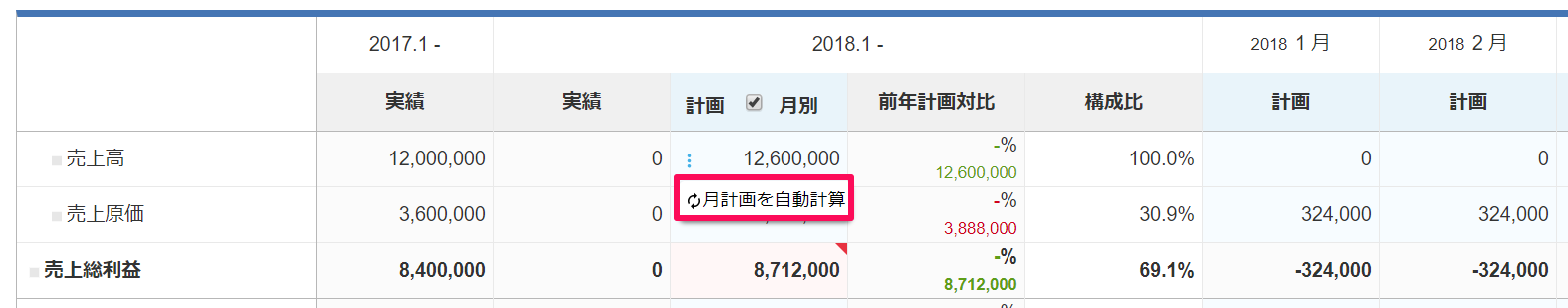 ［月計画を自動計算］を指し示しているスクリーンショット