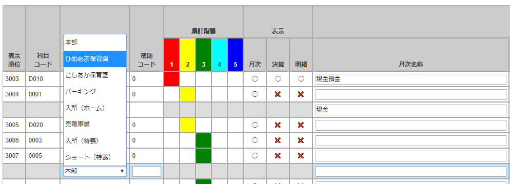 「勘定科目入力」画面でサービス区分で科目が表示されているスクリーンショット