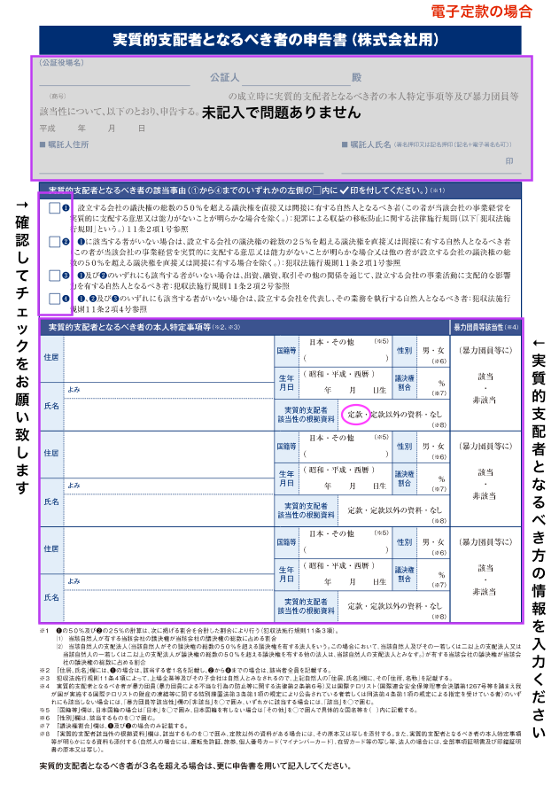 「実質的支配者となるべき者の申告書」の記入例のスクリーンショット