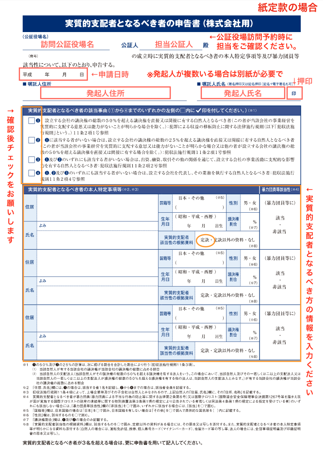 「実質的支配者となるべき者の申告書」の記入例のスクリーンショット