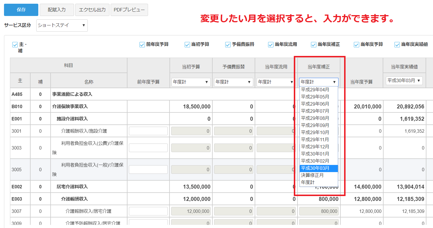予算入力画面の「当年度補正」部分を指し示しているスクリーンショット