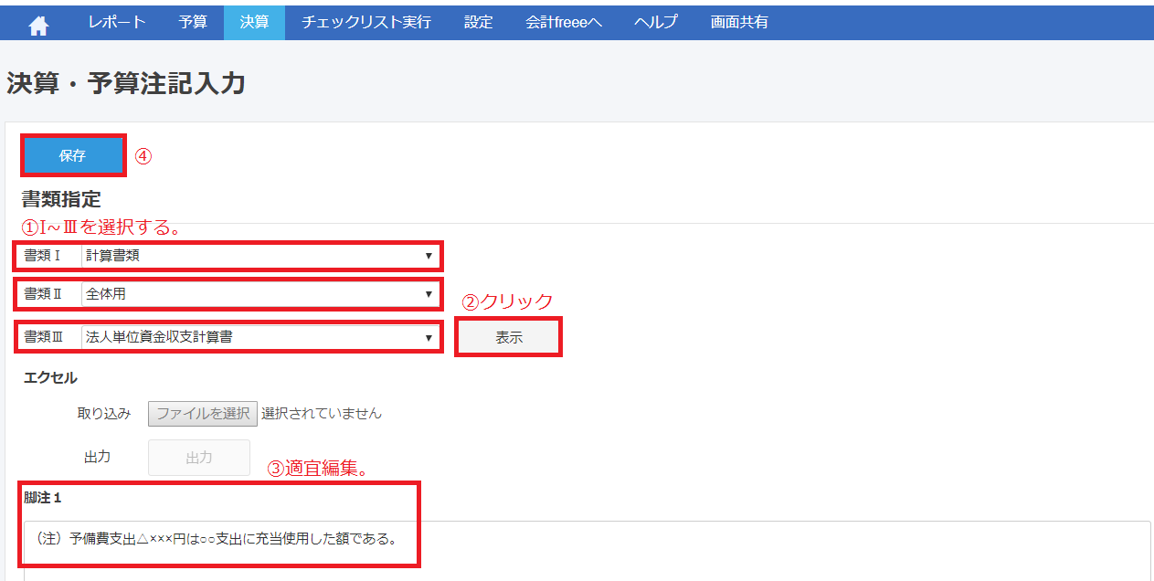決算・予算注記入力画面で保存ボタンと書類I〜IIIと脚注１を指し示しているスクリーンショット