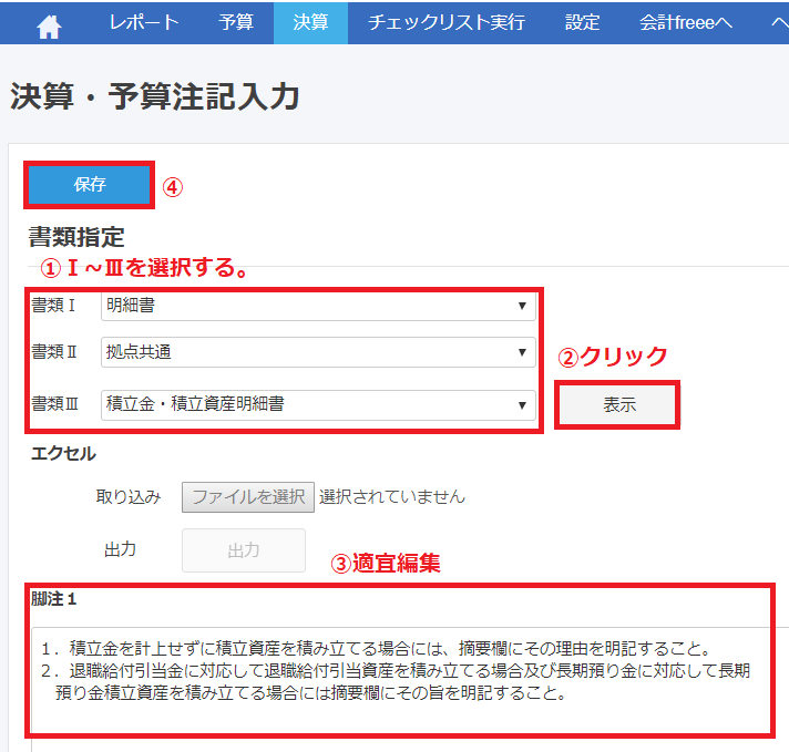 決算・予算注記入力画面で書類I〜IIIと表示ボタン、保存ボタン、脚注１を指し示しているスクリーンショット