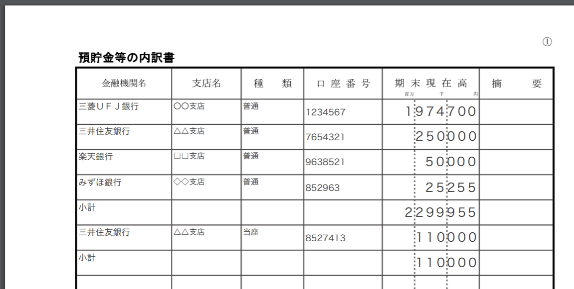 「預貯金等の内訳書」のスクリーンショット