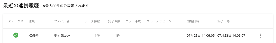 最近の連携履歴画面のスクリーンショット