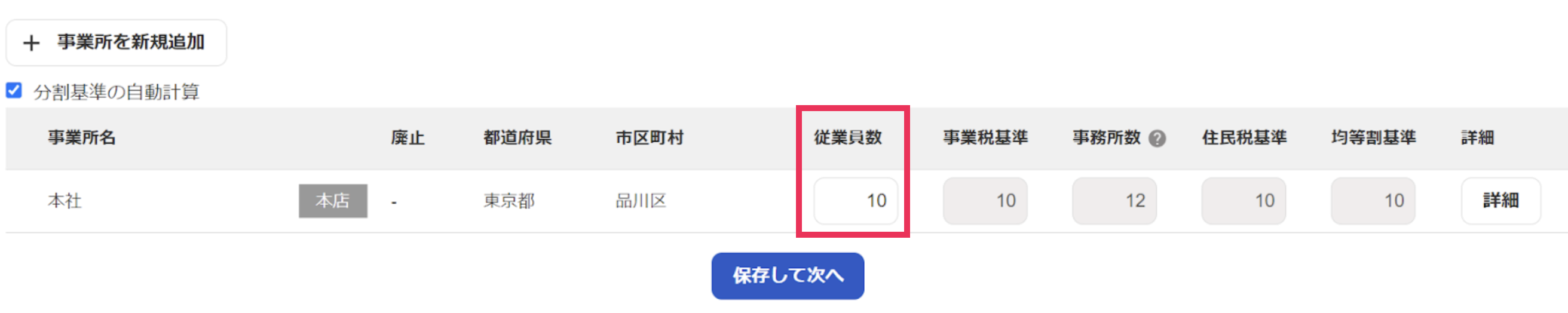 従業員数を指し示しているスクリーンショット