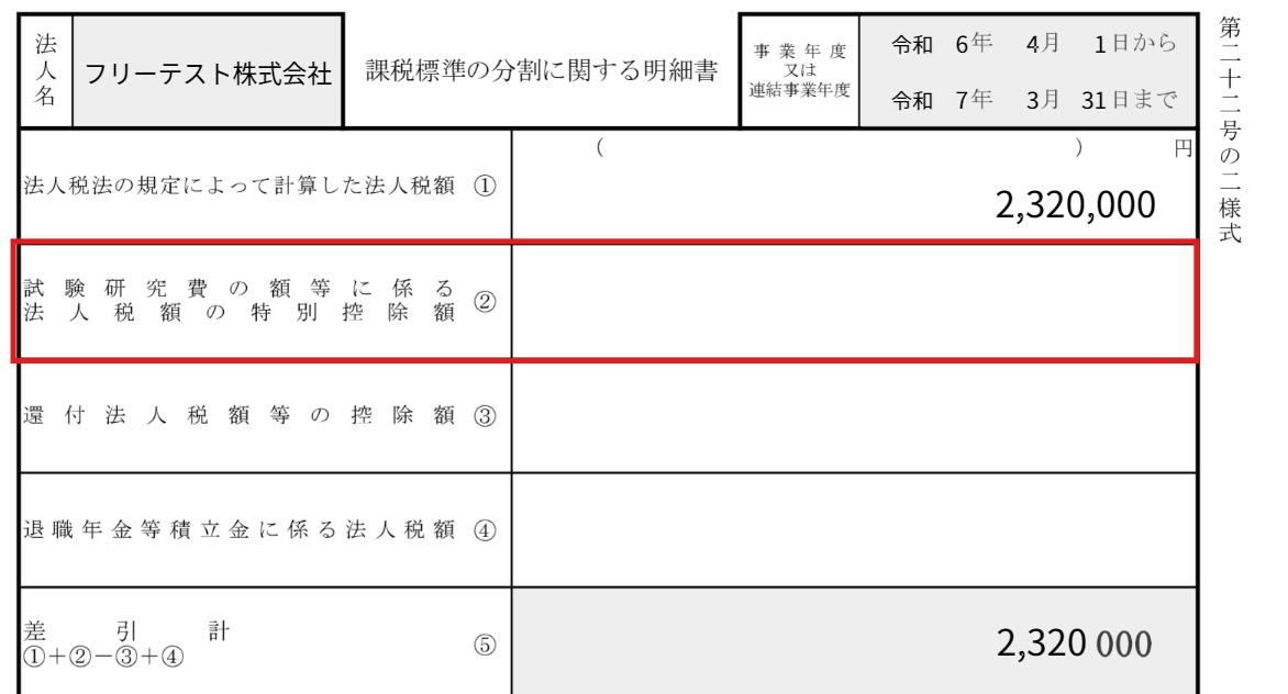 課税標準分割に関する明細書画面で「試験研究費の額等に係る法人税額の特別控除額」項目を指し示しているスクリーンショット