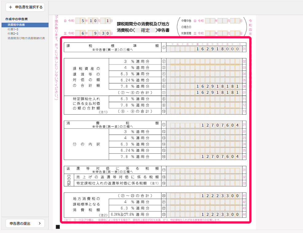 消費税申告書の第3ー(2)号様式の一部を赤枠で囲っている画面のスクリーンショット