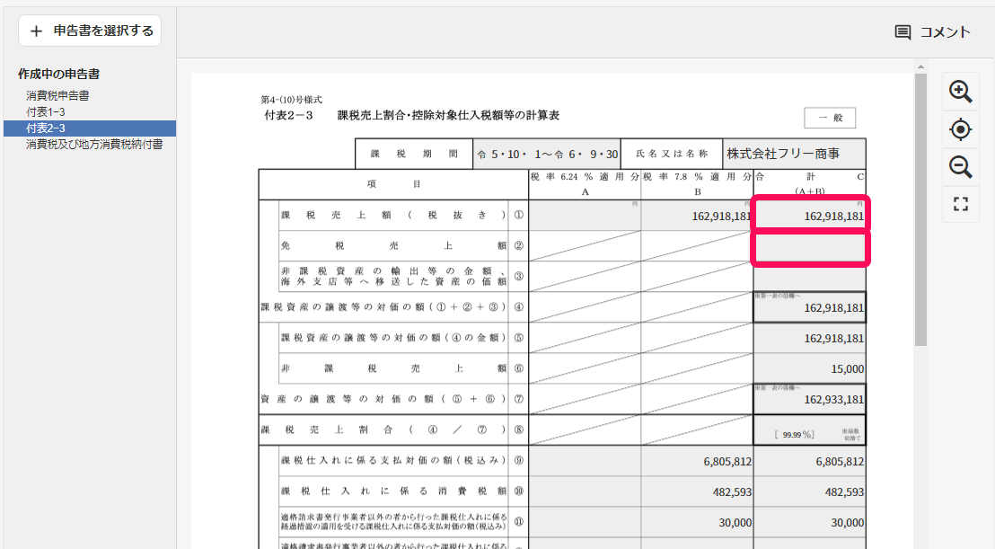 消費税申告書の付表2-3の課税売上額と免税売上額を赤枠で囲っている画面のスクリーンショット