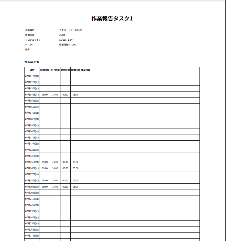 作業報告書画面のスクリーンショット