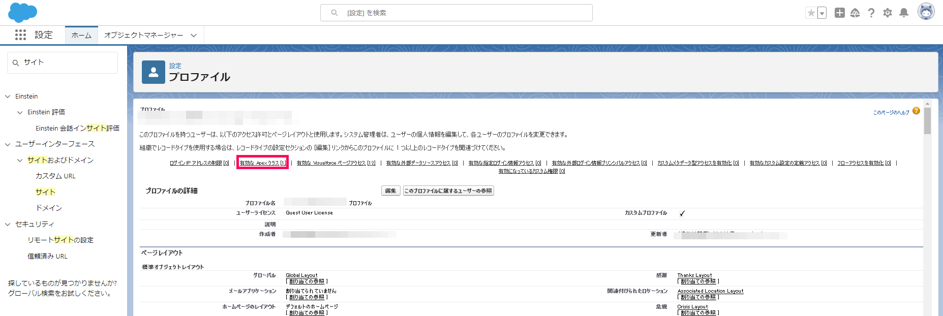 プロファイル画面で［有効なApexクラス］を指し示すスクリーンショット