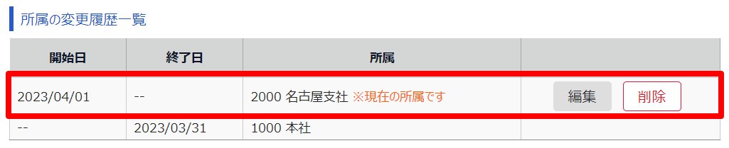 所属変更 / 履歴画面の「所属の変更履歴一覧」部分のスクリーンショット