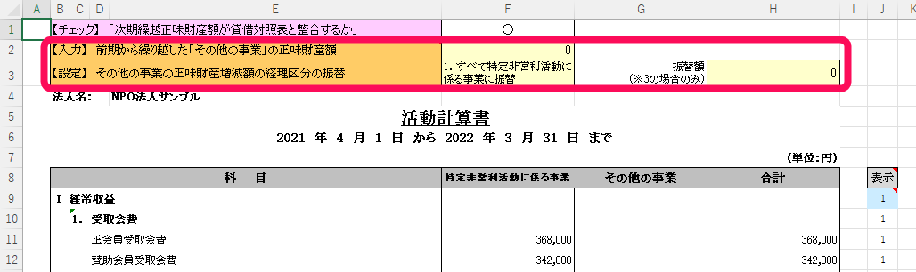 【入力】前期から繰り越した「その他の事業」の正味財産額と【設定】その他の事業の正味財産増減額の経理区分の振替行を赤枠で囲っている画面のスクリーンショット