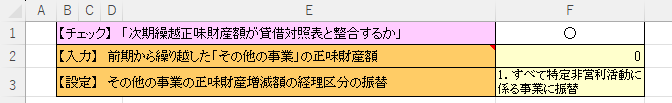 次期繰越正味財産額がが貸借対照表と整合するか行と下2行を映した画面のスクリーンショット