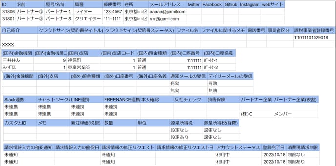エクスポート項目を表示したスクリーンショット