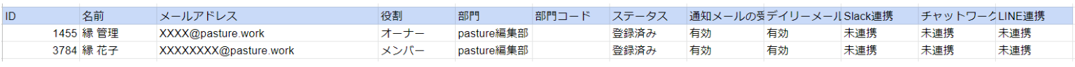 エクスポート項目を表示したスクリーンショット
