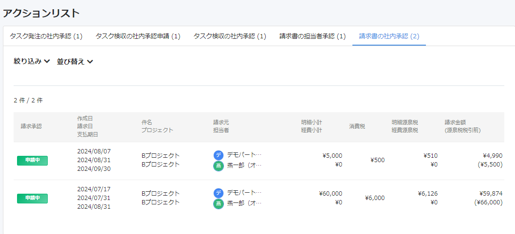 項目一覧を表示させたスクリーンショット