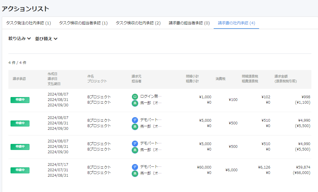 請求書の社内承認画面のスクリーンショット