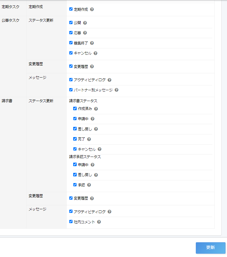 通知設定の一覧スクリーンショット