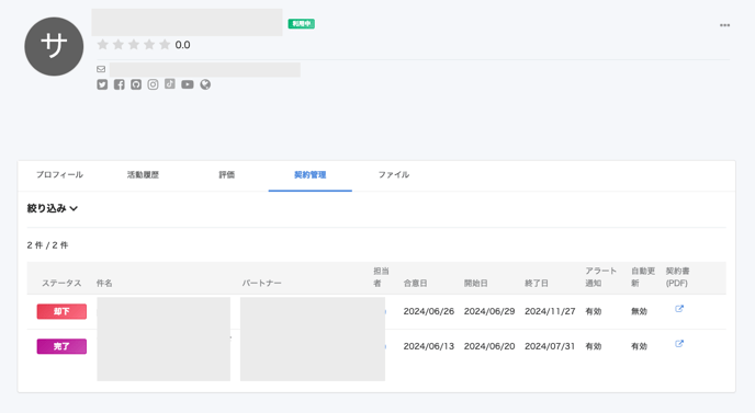パートナー詳細画面で［契約管理］タブを開いているスクリーンショット