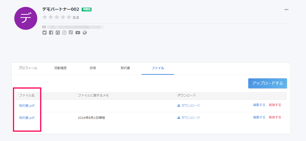 パートナー詳細画面の［ファイル］タブでアップロードしたファイルを指し示しているスクリーンショット