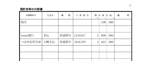 預貯金等の内訳書のサンプル画像