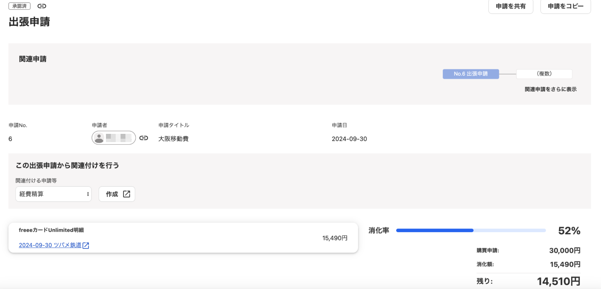 購買申請画面のスクリーンショット