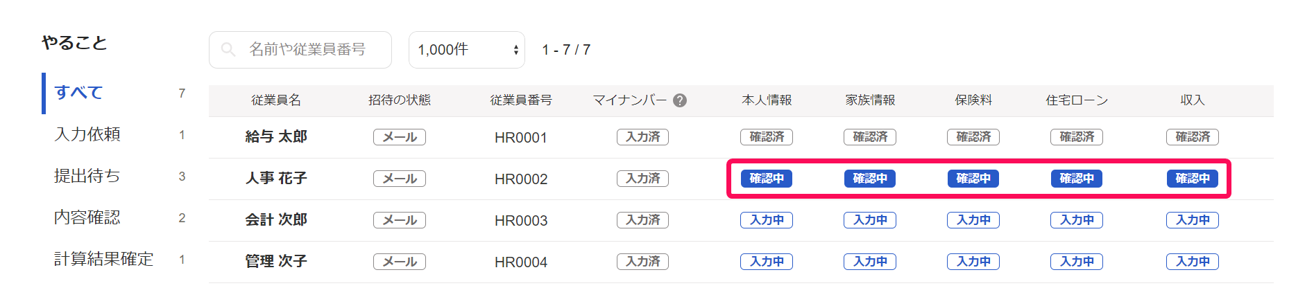 年末調整画面の従業員の一覧に表示された「確認中」を指し示しているスクリーンショット