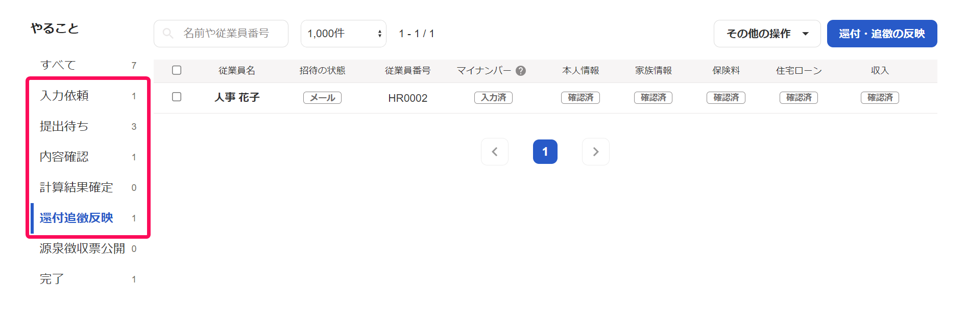 年末調整のトップ画面の従業員の一覧部分のステータスを指し示しているスクリーンショット