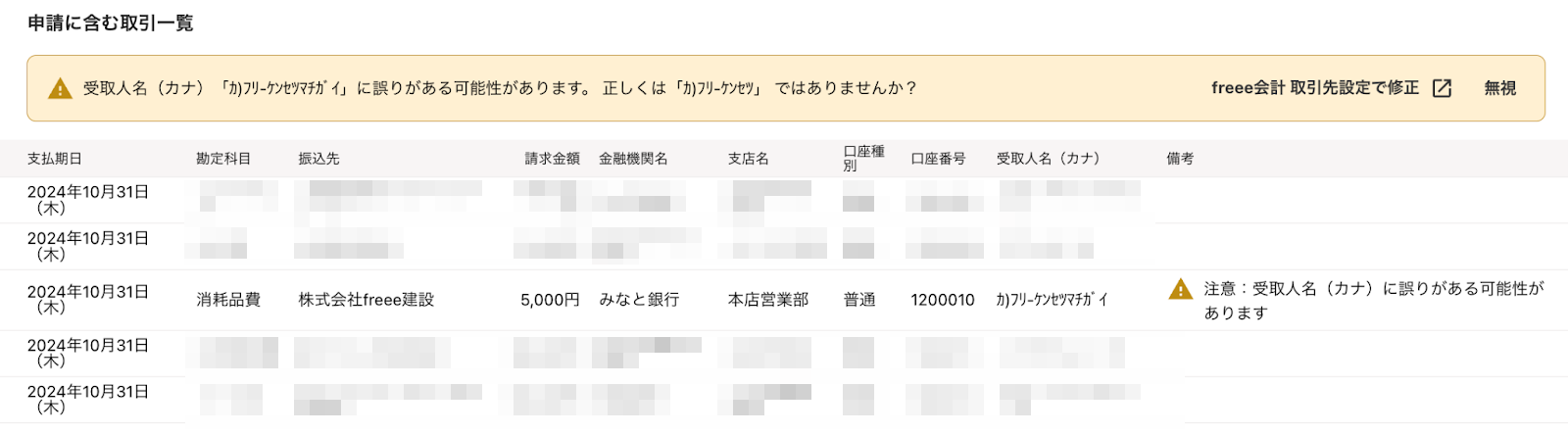 受取人名義が誤っているアラートが表示されている画面のスクリーンショット