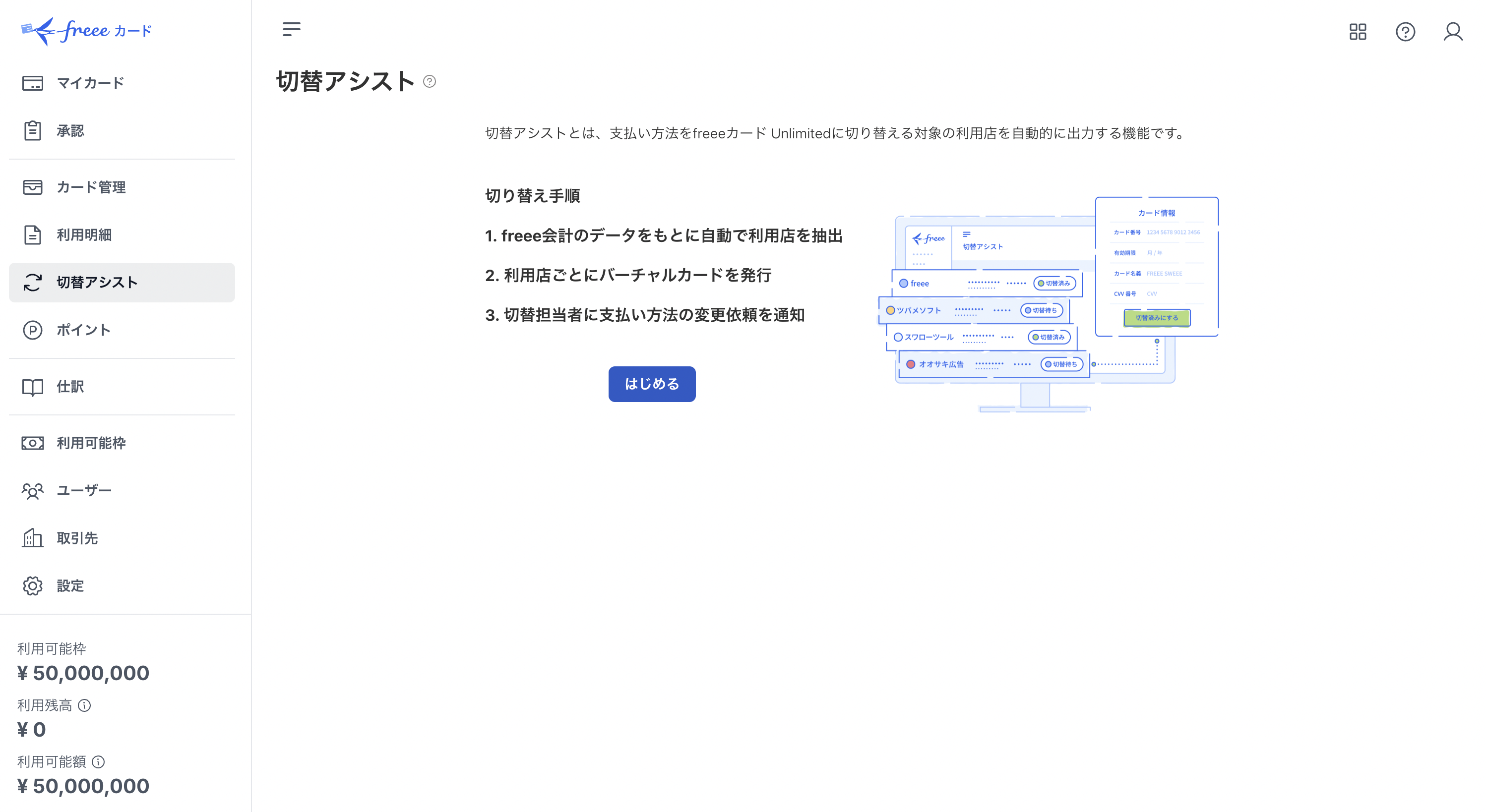 切替アシスト画面のスクリーンショット