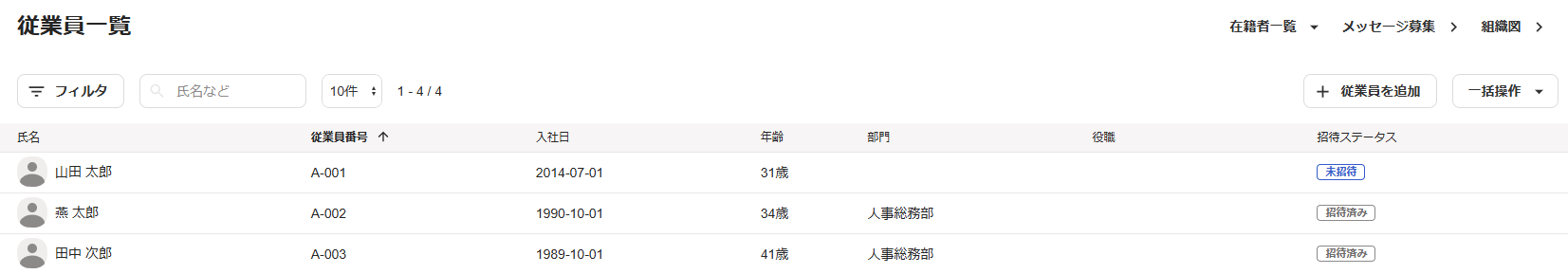 従業員一覧画面のスクリーンショット
